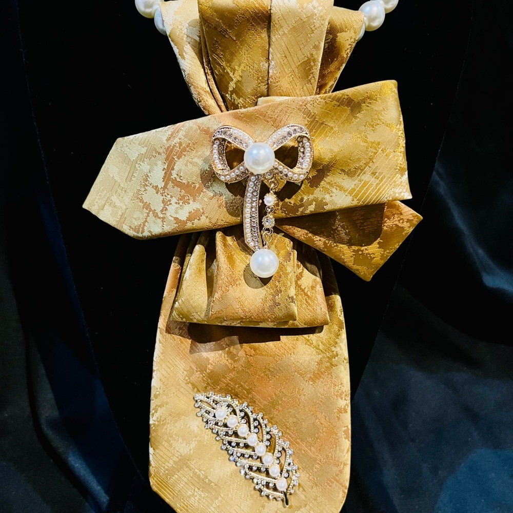 Elegant Gold Necktie with Pearl and Rhinestone Accents